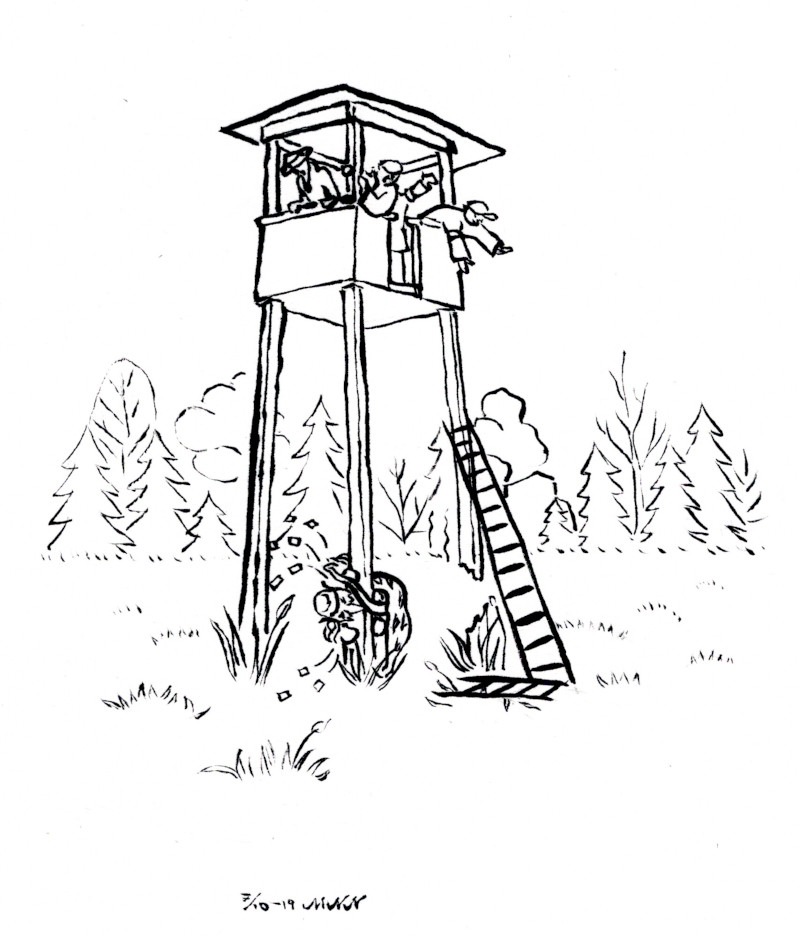 The hunter and all of his friends have taken refuge in a hunting tower, while Ängsull the troll persistently is gnawing off one of the tower's legs.