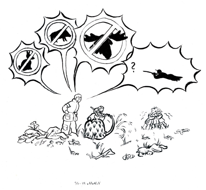 The hunter snaps and asks Ängsull what the heck they should hunt if they can't hunt neither rabbits, boars, nor moose. His friends huddles in a shivering group not far from them.