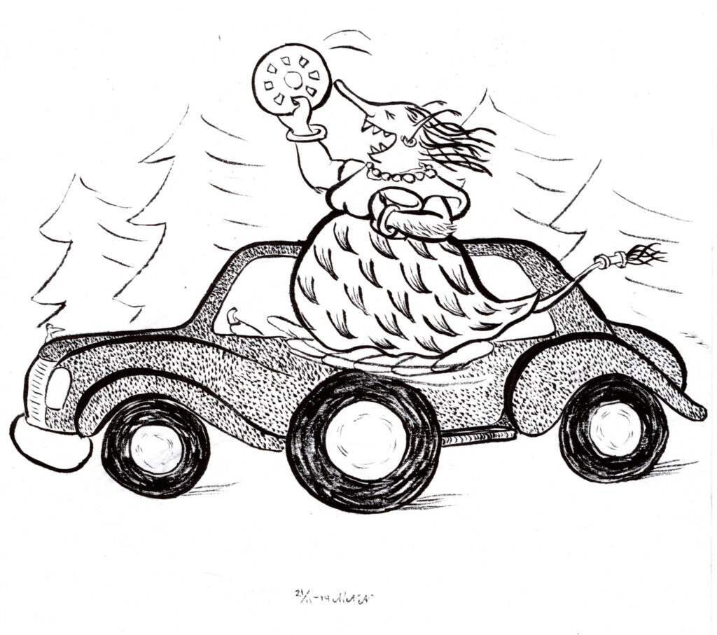 Ängsull the troll is speeding alongside the car, balansing on the stolen wheel from the jeep. She has the time of her life, waving the hub cap like a tambourine.