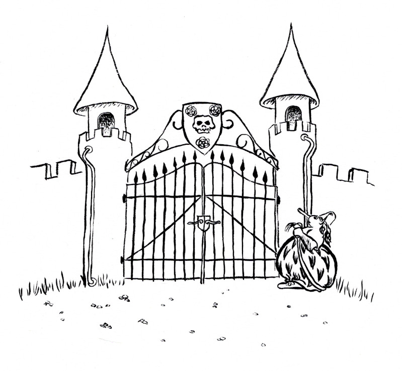 Ängsull nervously holds her tail while looking at the fairy tale styled gate to the Flakeborg castle park. Above the gate the Flake family crest is mounted; a troll skull in the middle of three roses.