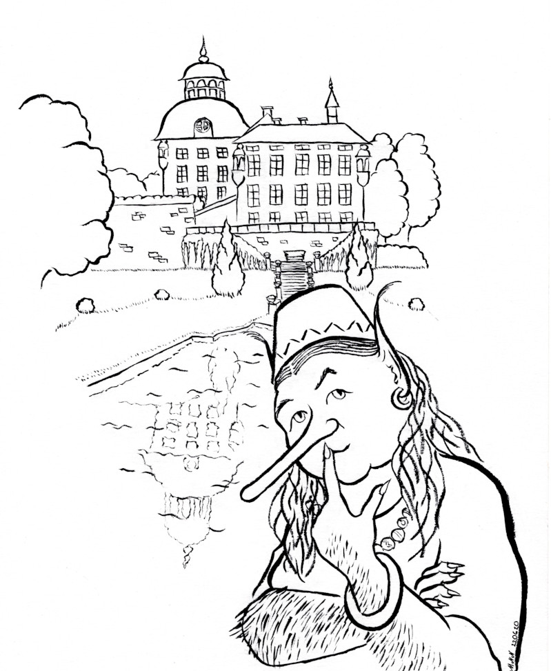 With a mischievously thoughtful look Ängsull looks to the sky, Flakeborg castle visible behind her.